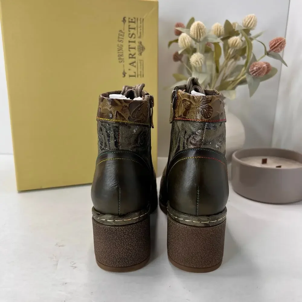 L'Artiste by Spring Step Fallinluv Leather Boot Olive Multi Women 4.5-5 NWB